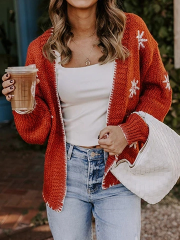 Gilet en Maille Élégant pour Femme à Manches Longues Col en V Jacquard à Fleurs Pull Ouvert sur le Devant Automne Hiver Décontracté Chaud Haut en Acrylique