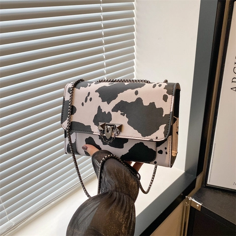 Borsa a Tracolla da Donna Trendy in Pelle PU con Stampa Animale Motivo Leopardo Mucca Piccola Borsa Quadrata con Tracolla a Catena