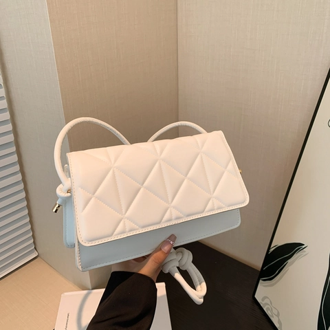 Women Quilted PU Leather Shoulder Bag Small Square Flap Bag With Knot Strap Casual Crossbody Bag Fashion Handbag Daily Use