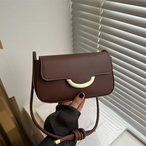 Minimalist Women PU Leather Underarm Bag With Gold Crescent Buckle Knot Strap Casual Commuting Shoulder Bag Small Square Bag