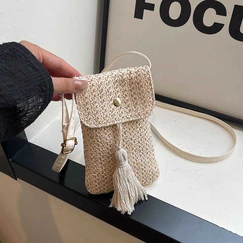 Vintage Gewebte Stroh Handytasche Für Damen Sommer Strand Umhängetasche Mit Quaste Klappe Kleine Tasche