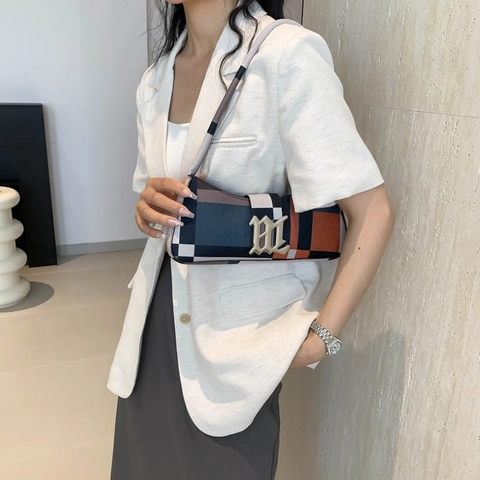 Sac Sous l'Aisselle en Cuir PU à Carreaux Rétro pour Femmes Sac Croissant Color Block avec Boucle en Métal Sac Baguette Élégant