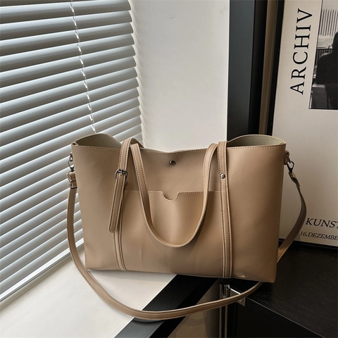 Large Capacity PU Leather Tote Bag For Women Versatile Shoulder Bag With Adjustable Strap Street Trendy Solid Color Daily Office Travel Handbag