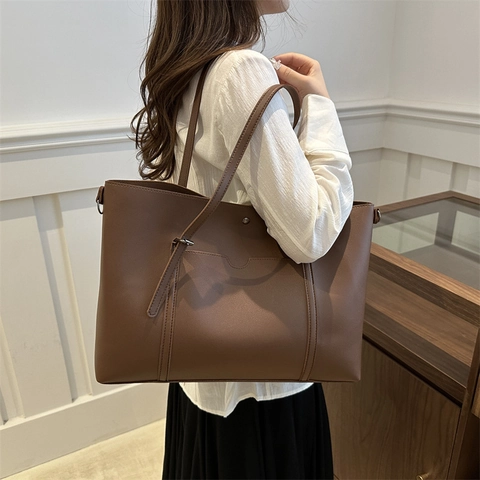 Large Capacity PU Leather Tote Bag For Women Versatile Shoulder Bag With Adjustable Strap Street Trendy Solid Color Daily Office Travel Handbag