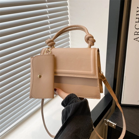Bolso de Hombro de Cuero PU de Moda con Asa de Nudo para Mujer Bolso Bandolera con Mini Neceser Color Sólido Bolso Pequeño Cuadrado