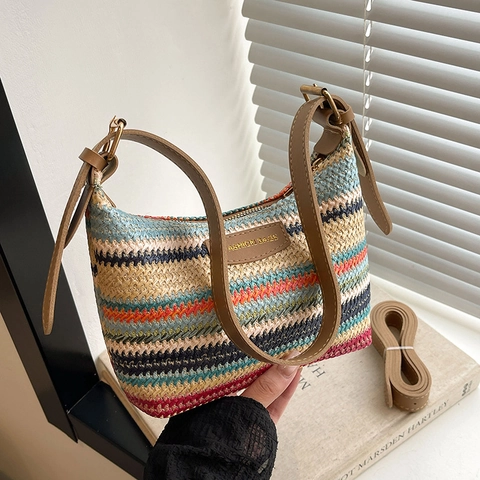 Borsa a Spalla Intrecciata a Righe Colorate da Donna Borsa Sottobraccio Boemia con Tracolla in Pelle e Cerniera alla Moda