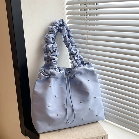 Women Fashion Canvas Tote Bag Large Capacity Pleated Shoulder Bag Casual Rhinestone Drawstring Handbag For School Daily
