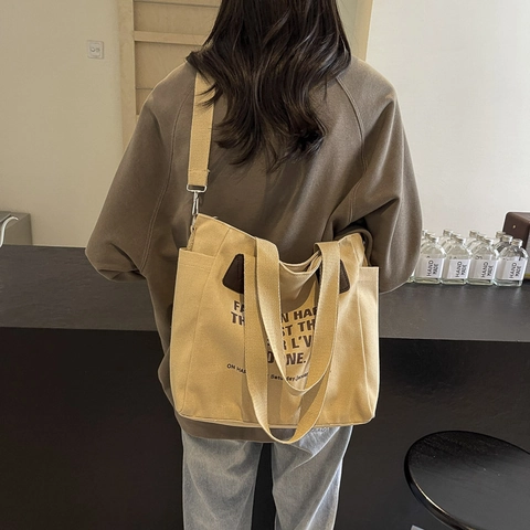 Grand Sac Fourre-tout en Toile pour Femmes Minimaliste Imprimé Lettres Sac à Épaule Bandoulière Réglable Style Décontracté
