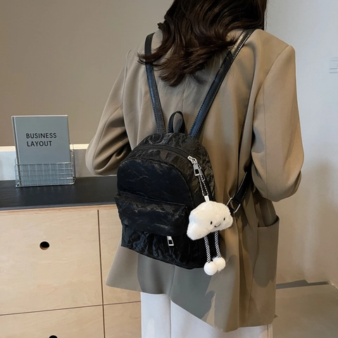 Korean Style Solid Color Crinkled Mini Backpack For Women Travel Casual PU Leather Backpack With Cute Cloud Pendant 2024 New