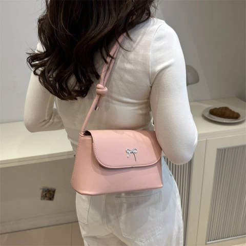 Women's PU Leather Small Square Shoulder Bag Elegant Bow Crossbody Bag Minimalist Solid Color Handbag For Daily Commute Style
