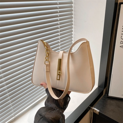 Fashion PU Leather Crescent Underarm Bag For Women Vintage Gold Chain Metal Lock Minimalist Solid Color Hobo Shoulder Bag