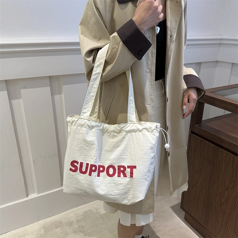Women Large Capacity Canvas Tote Bag Street Style Drawstring Shoulder Bag With Support Letter Print Shopping Handbag Top Handle Bag