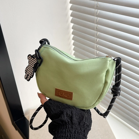 Women Street Fashion Nylon Half Moon Crossbody Bag Small Square Shoulder Bag With Woven Strap And Bear Charm