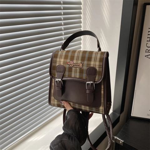 Britse Preppy Ruit Mini Rugzak Voor Dames Retro Borduurwerk Puppy Kleine Schooltas PU Leer Patchwork Woonwerkverkeer Daypack