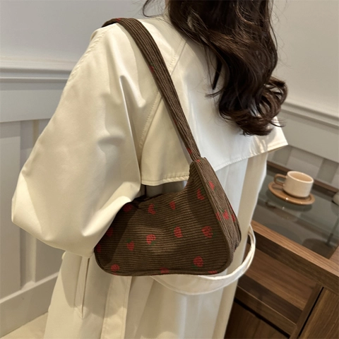 Sac Sous le Bras en Velours Côtelé pour Femmes Rétro Imprimé Sac à Épaule Tissu Souple Sac Hobo Avec Fermeture Éclair pour Accessoires Quotidiens