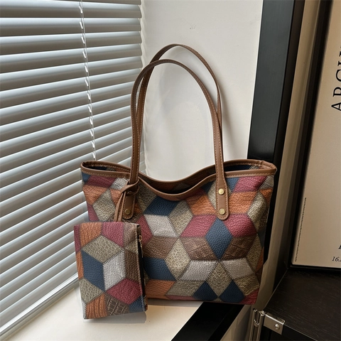 Grand Sac Cabas Femme Patchwork Géométrique en Cuir PU Sac à Épaule Et Pochette Sac à Main de Designer Décontracté Pour Navette