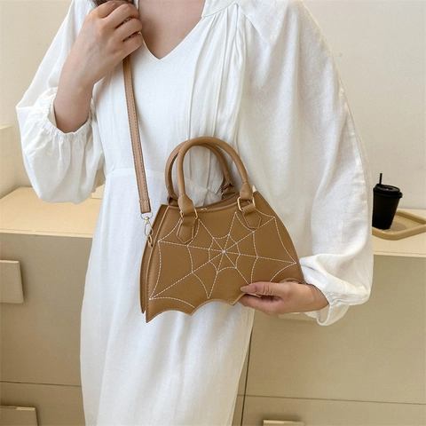 Women Bat Shaped Spiderweb Embroidered Shoulder Bag Gothic PU Leather Handbag Casual Crossbody Bag For Halloween Daily