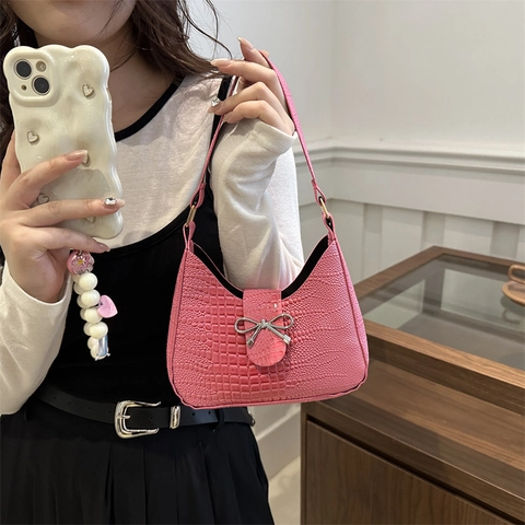Sac Sous le Bras Minimaliste en Cuir PU pour Femme avec Motif Crocodile et Nœud en Métal Sac à Bandoulière Mode Hobo