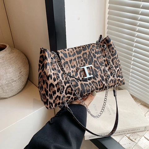 Borsa Sottobraccio in Pelle PU con Stampa Leopardata alla Moda per Donna Borsa a Tracolla con Catena a T in Metallo