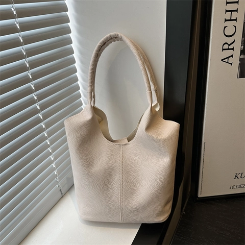 Retro PU Leather Bucket Bag For Women Large Capacity Pebbled Texture Simple Solid Color Shoulder Tote Bag Daily Commute