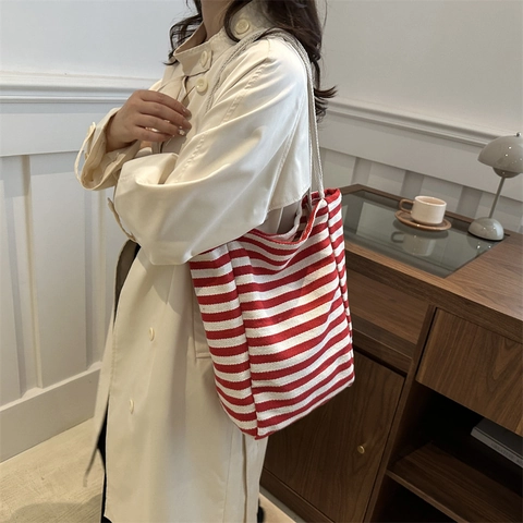 Bolso Tote de Lona Casual a Rayas para Mujer Bolso de Hombro de Gran Capacidad Con Asas de Cuerda Bolso Estético Diario para Viajes
