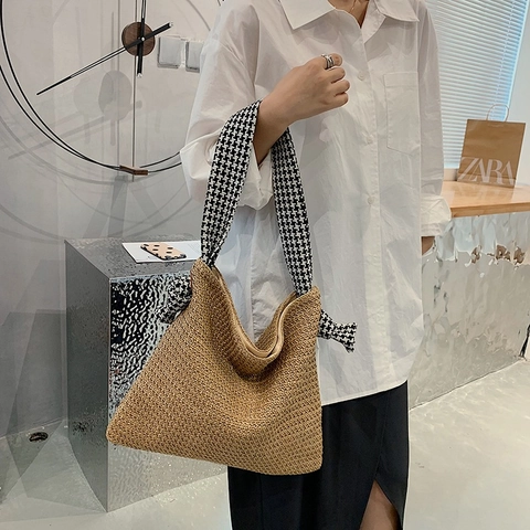 Bolso Tote de Paja Tejida para Mujer Con Correa de Pata de Gallo Gran Capacidad Playa Vacaciones Bolso de Hombro Casual