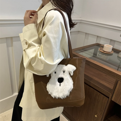 Borsa Tote da Donna con Patch in Peluche a Forma di Cane Pelle PU Grande Capacità Borsa a Spalla Casual Pendolarismo Estetica