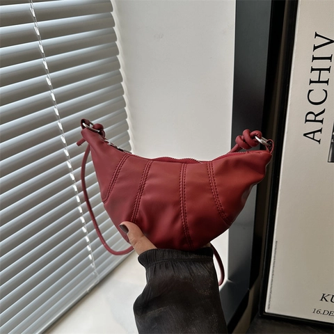 Bolso Croissant de Cuero PU para Mujer Color Sólido Media Luna Bolso de Hombro Cruzado Con Correa Anudada Bolso de Mano