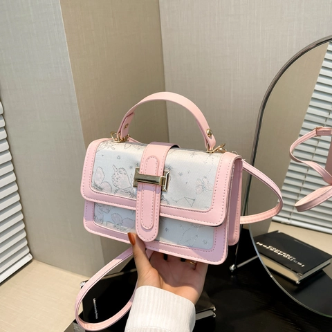Borsa a Tracolla Quadrata Piccola da Donna in Stile Coreano Pelle PU Motivo Floreale a Farfalla Borsa Crossbody Con Fibbia H
