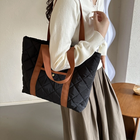 Sac Fourre-tout Matelassé Grande Capacité pour Femmes Tissu Oxford Sac à Épaule Rembourré Motif Losange Mode Décontracté