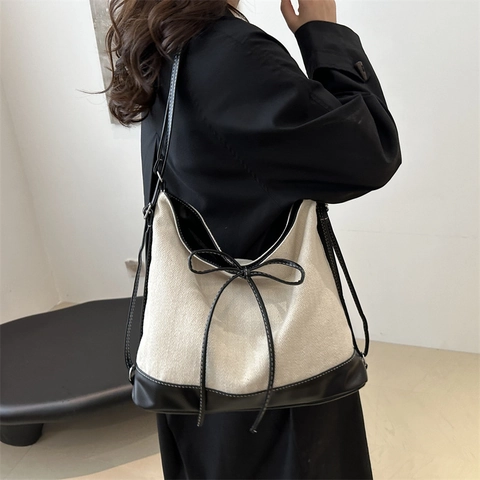 Große Kapazität Segeltuch Einkaufstasche Für Damen Patchwork Schultertasche Mit Schleife Dekor Minimalistisch Commute Hobo Tasche