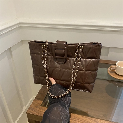 Bolso de Hombro con Cadena de Celosía de Diamante Acolchado para Mujer Cuero PU Viaje Diario Bolso Tote Elegante Versátil Mediano