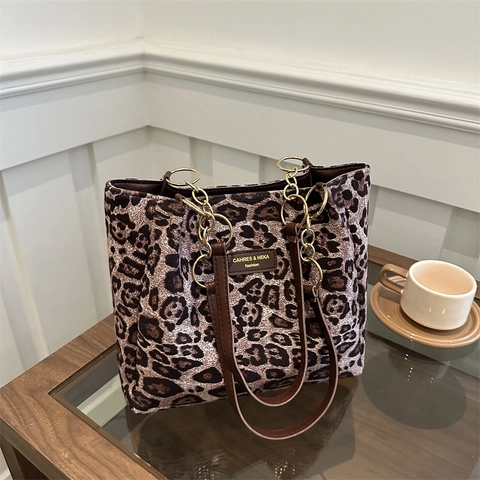 Damen Mode Leopardenmuster Tragetasche Große Kapazität Umhängetasche Mit Metallkette Griff Urban Pendler Handtasche Für Damen