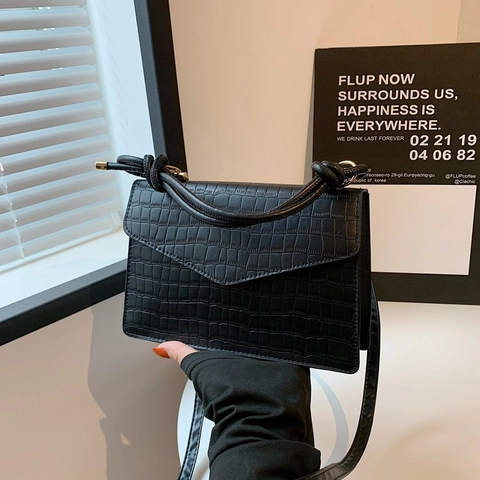 Sac à Épaule en Cuir PU à Motif Crocodile Vintage Pour Femmes Mode Poignée à Nœud Rabat Sac à Bandoulière Carré Main