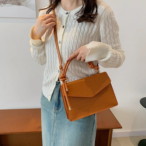 Sac à Épaule en Cuir PU à Motif Crocodile Vintage Pour Femmes Mode Poignée à Nœud Rabat Sac à Bandoulière Carré Main