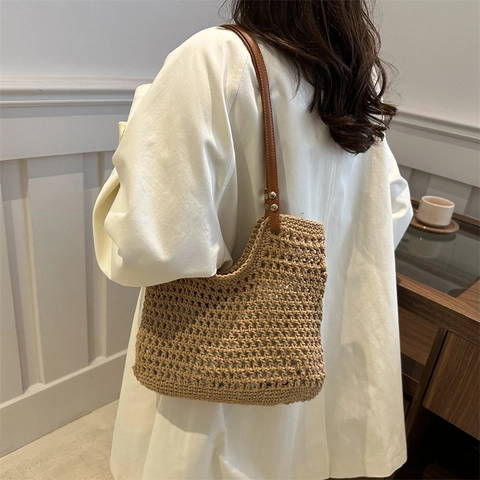 Borsa a Tracolla Svuotata Intrecciata di Grande Capacità da Donna Borsa Tote in Paglia Boema Con Manico in Pelle PU per Vacanze Estive al Mare