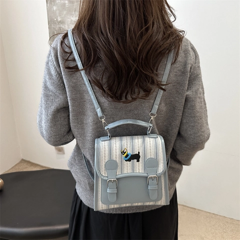 Zaino da Donna Mini in Stile Preppy in Pelle PU a Righe Con Ricamo Cane Borsa a Spalla Versatile Piccola Borsa Quadrata