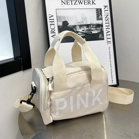 Women Letter Print Polyester Cylinder Shoulder Bag Sporty Top Handle Crossbody Handbag With Adjustable Strap