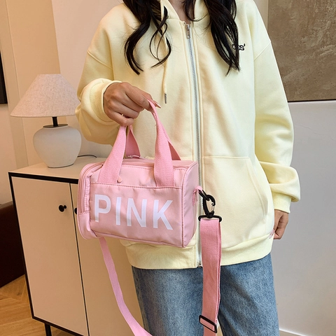 Women Letter Print Polyester Cylinder Shoulder Bag Sporty Top Handle Crossbody Handbag With Adjustable Strap