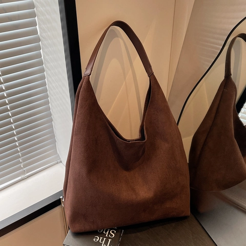 Women Large Capacity PU Suede Texture Tote Bag Minimalist Vintage Hobo Shoulder Bag Daily Casual Solid Color Commuting Handbag