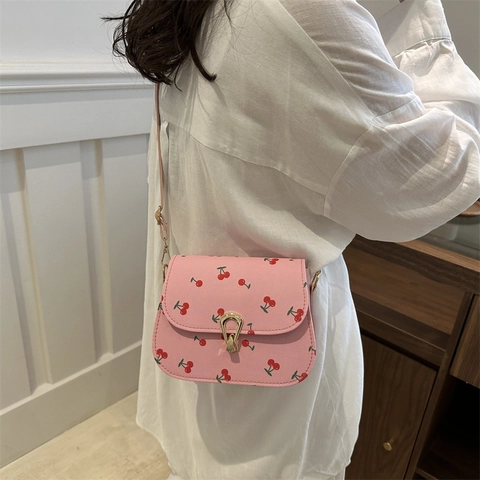 Bolso Bandolera de Moda para Mujer con Estampado de Cerezas de Cuero PU Mini Bolso Cuadrado con Cierre de Metal Estilo Dulce