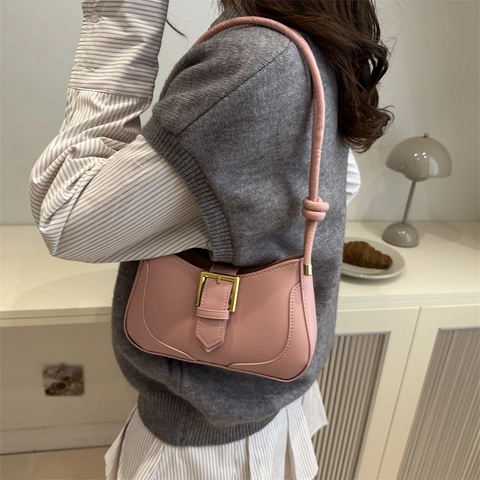 French Vintage Square Buckle Crescent Bag Solid PU Leather Underarm Shoulder Bag For Women Street Trend Daily Matching