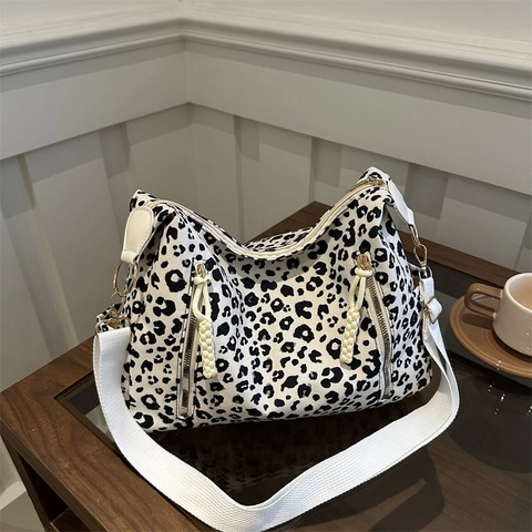 Sac Fourre-Tout en Toile pour Femmes avec Imprimé Léopard Grande Capacité Sac à Épaule Décontracté Sac Bandoulière Tendance avec Large Sangle