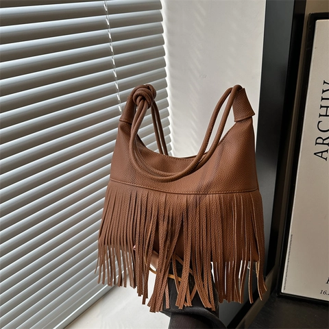 Women Bohemian Vintage Fringe Shoulder Bag Lychee Pattern PU Leather Knotted Strap Tassel Hobo Bag Commuting Tote Bag
