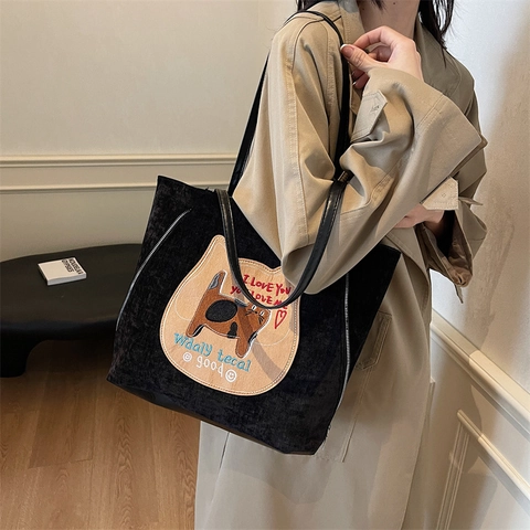 Women Fashion Corduroy Tote Bag Large Capacity Casual Shoulder Bag Cute Cat Embroidery Letter Print Handbag Retro Style Top Handle Bag Commuter