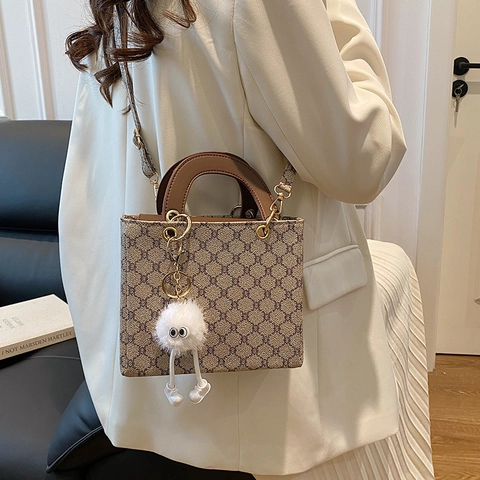 Vintage Monogram PU Leather Tote Bag With Plush Monster Charm Retro Women Square Shoulder Crossbody Handbag Daily Office Purse