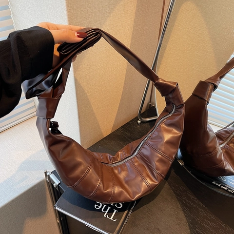Bolso de Hombro Croissant de Cuero PU Retro para Mujer Bolso de Bandolera de Media Luna Plisado para Mujer Bolso de Correa Anudada de Estilo Francés