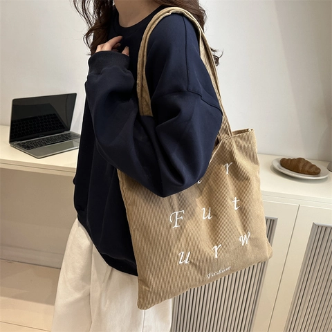 Women Corduroy Tote Bag Large Capacity Letter Embroidery Shoulder Bag Casual Shopping Handbag Retro Commuting Purse