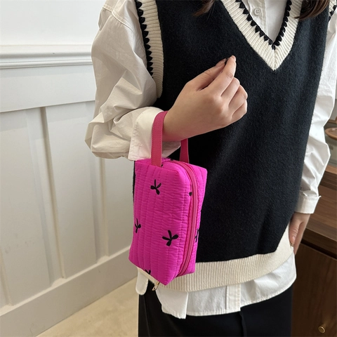 Bolso de Mano de Lona Acolchada para Mujer Bordado de Lazo Bolsa de Almacenamiento de Cosméticos Bolso Cuadrado