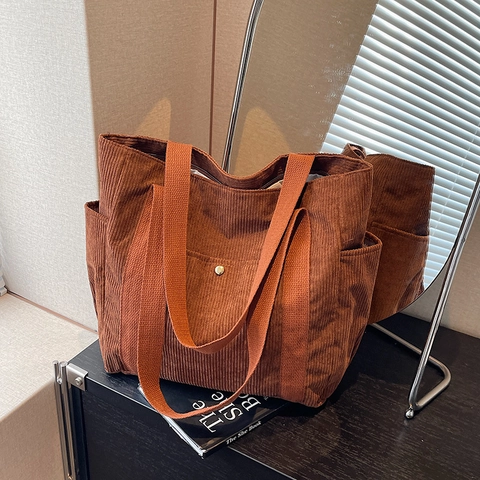 Bolso Tote de Pana Casual para Mujer Gran Capacidad Bolso de Hombro Color Sólido Costuras Bolso de Mano Para Viaje Diario Escuela Uso Diario
